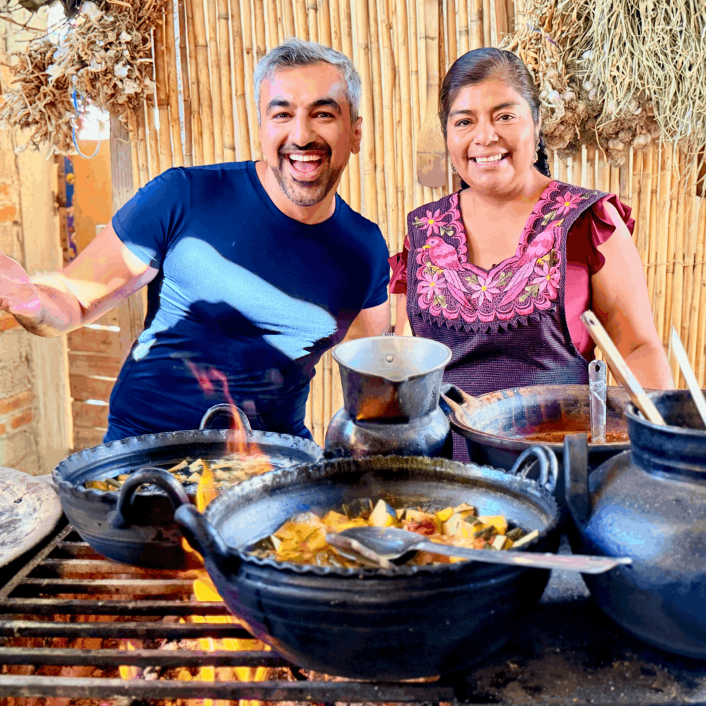 Couple outdoor cooking